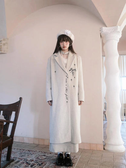 Day To Day Embroidered Star Mixed Wool Blend Long Coat