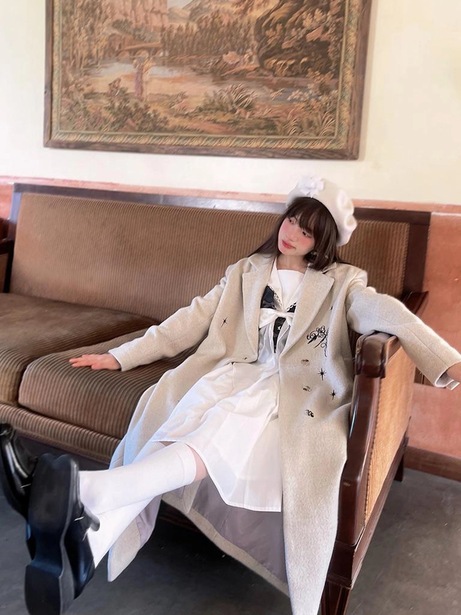 Day To Day Embroidered Star Mixed Wool Blend Long Coat