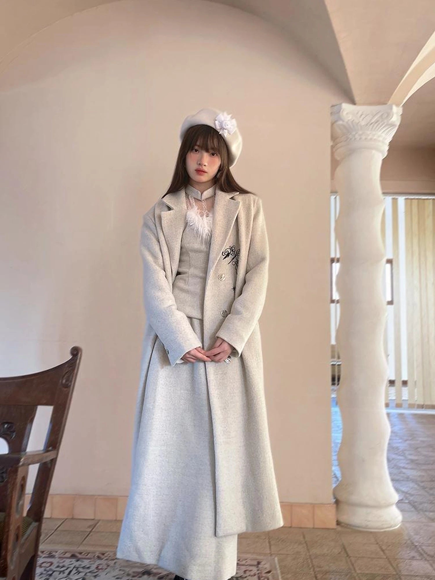 Day To Day Embroidered Star Mixed Wool Blend Long Coat