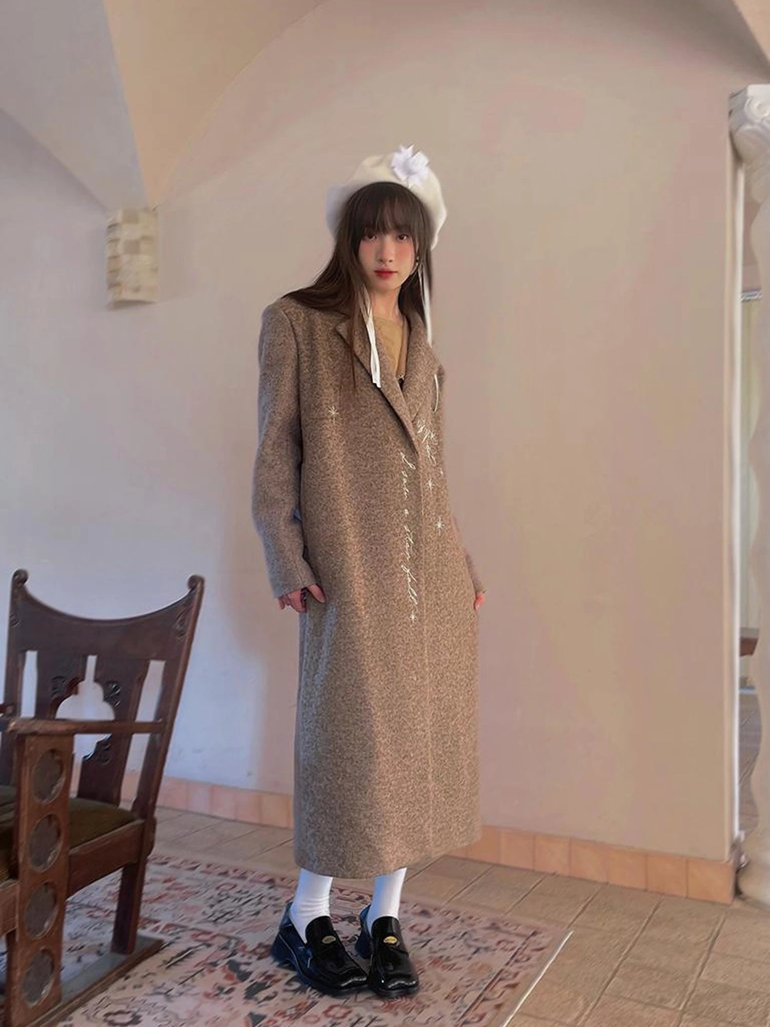 Day To Day Embroidered Star Mixed Wool Blend Long Coat