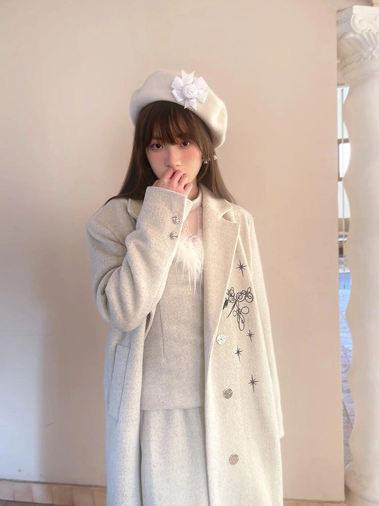 Day To Day Embroidered Star Mixed Wool Blend Long Coat