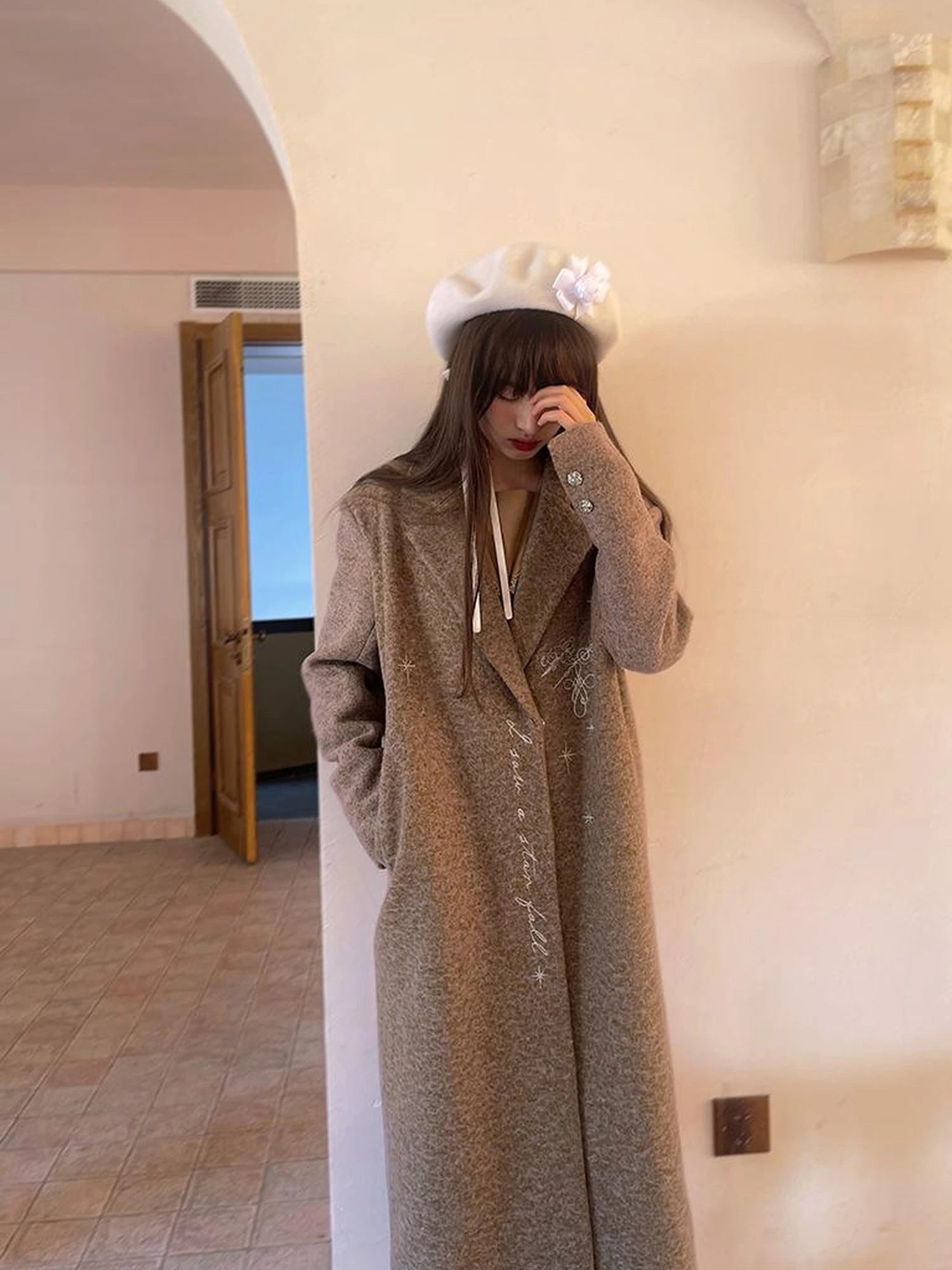 Day To Day Embroidered Star Mixed Wool Blend Long Coat