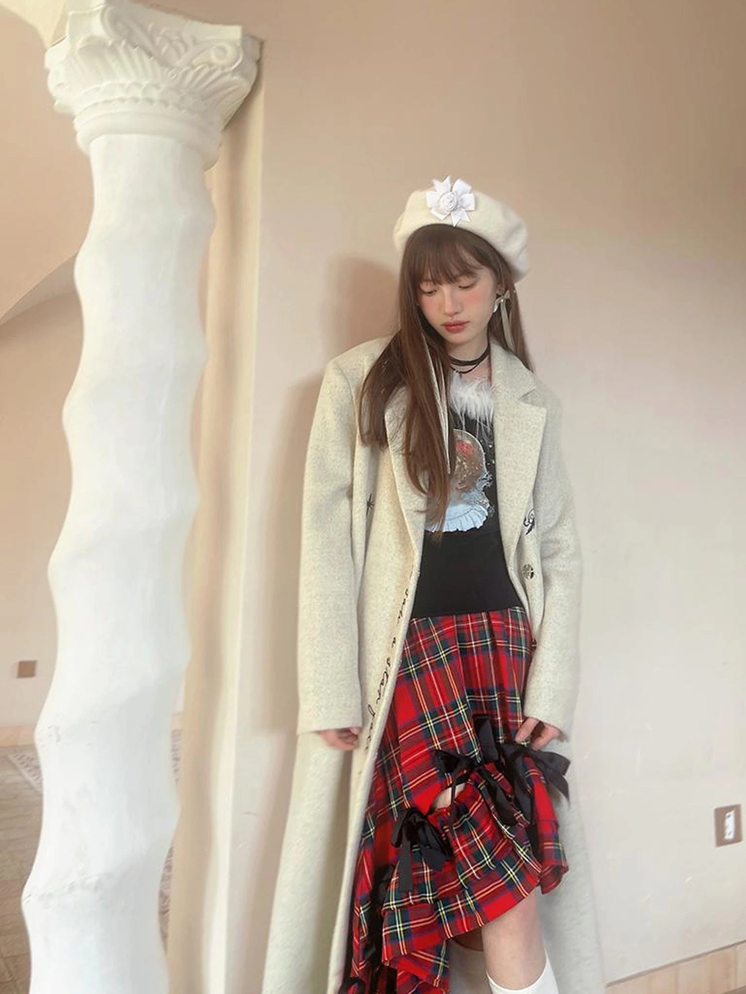 Day To Day Embroidered Star Mixed Wool Blend Long Coat