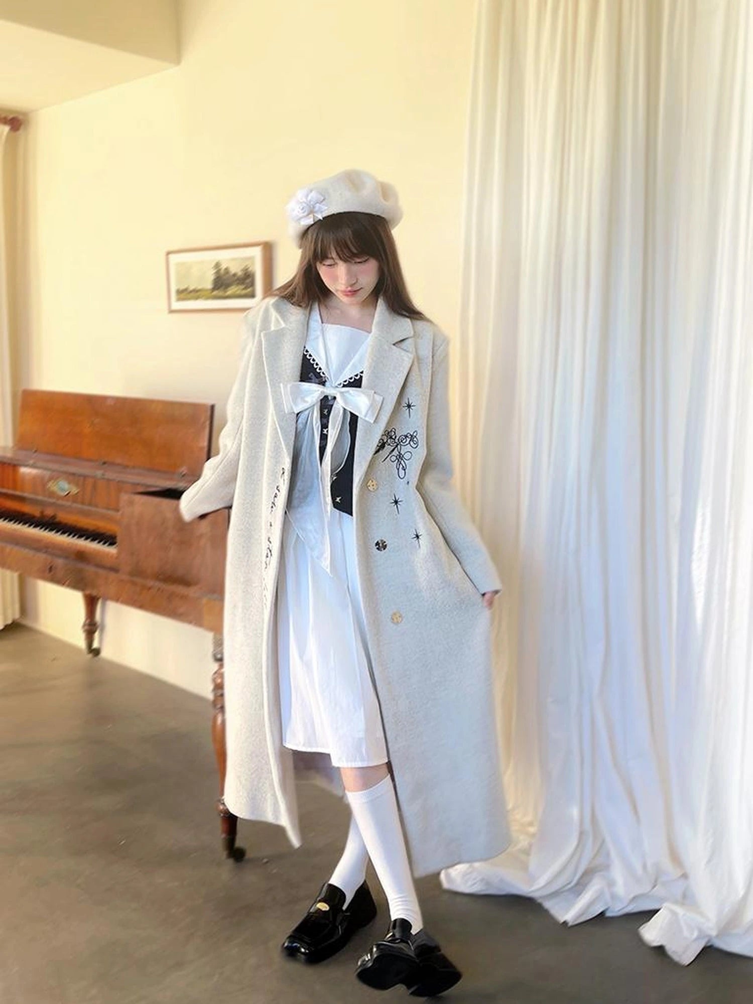 Day To Day Embroidered Star Mixed Wool Blend Long Coat