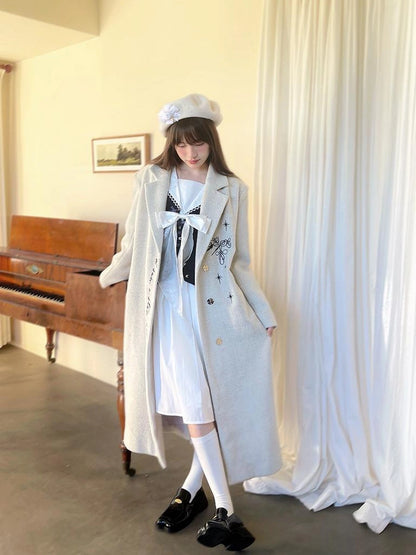 Day To Day Embroidered Star Mixed Wool Blend Long Coat