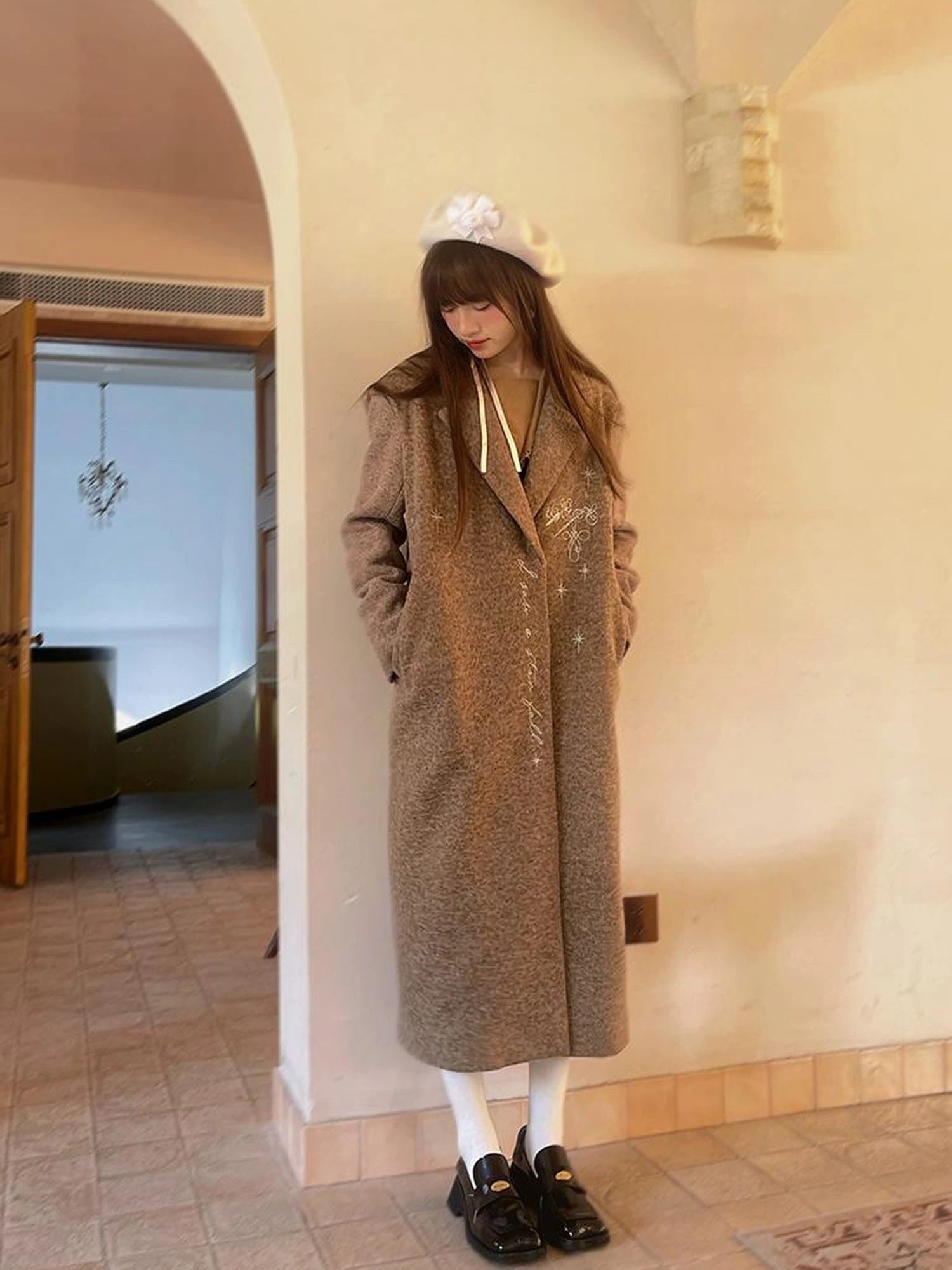 Day To Day Embroidered Star Mixed Wool Blend Long Coat