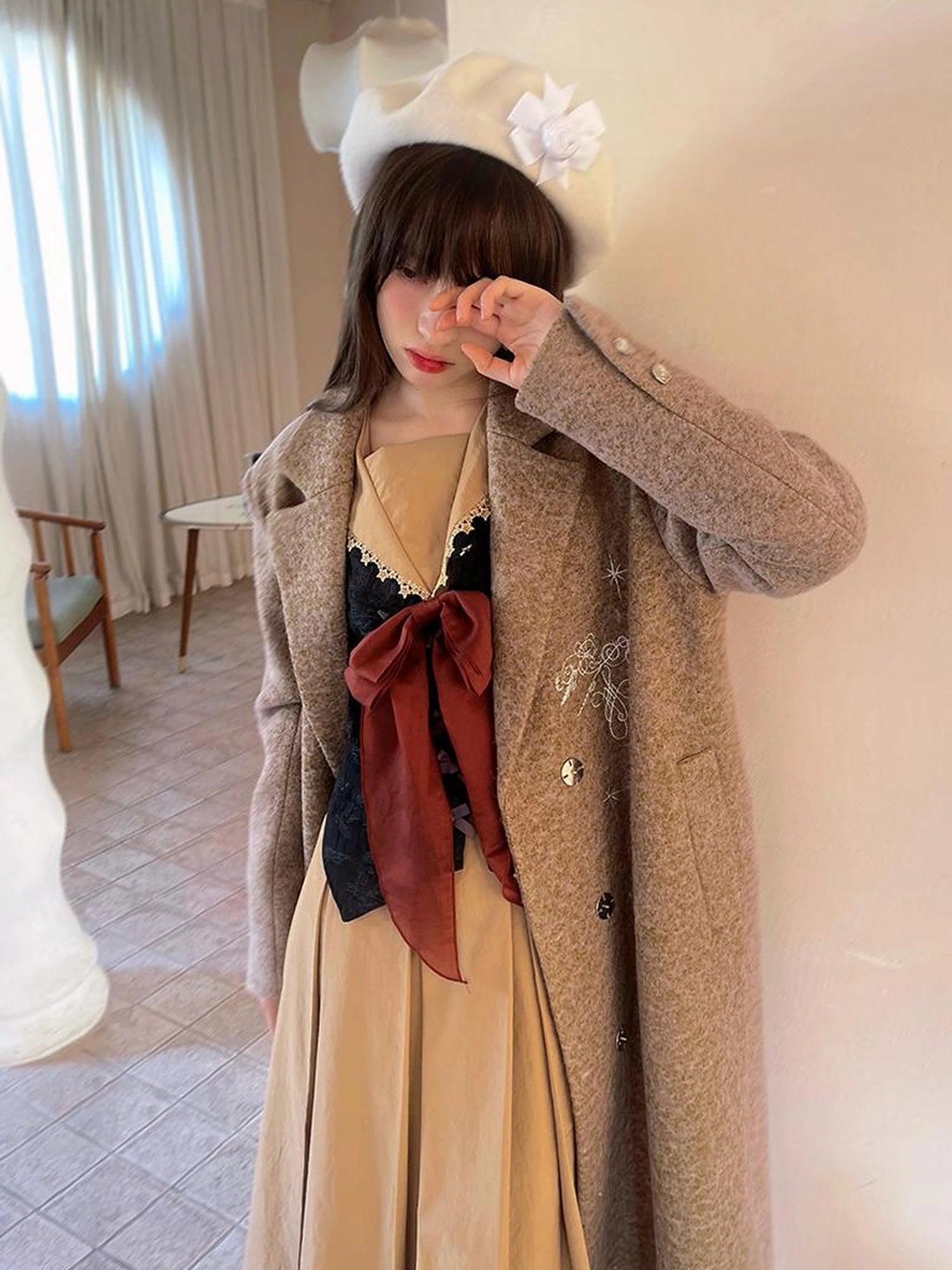 Day To Day Embroidered Star Mixed Wool Blend Long Coat