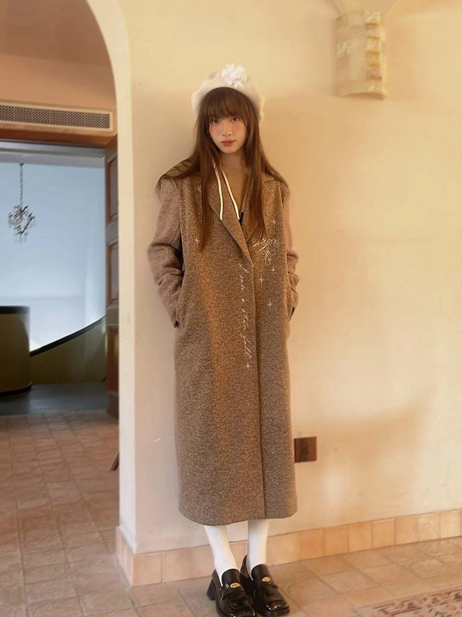 Day To Day Embroidered Star Mixed Wool Blend Long Coat