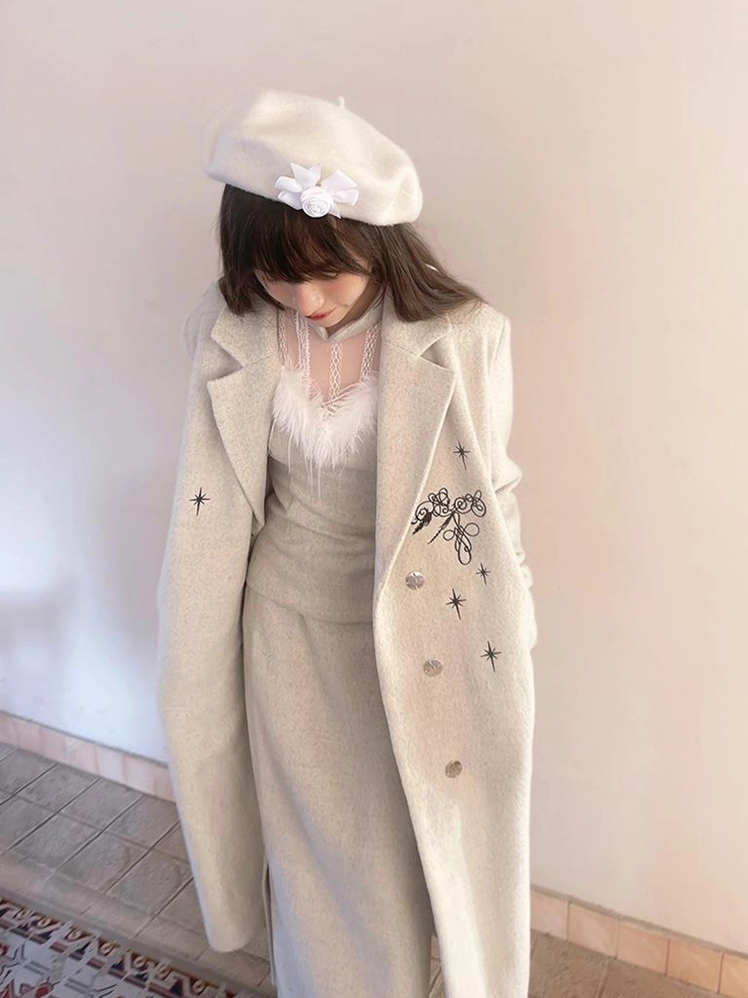 Day To Day Embroidered Star Mixed Wool Blend Long Coat