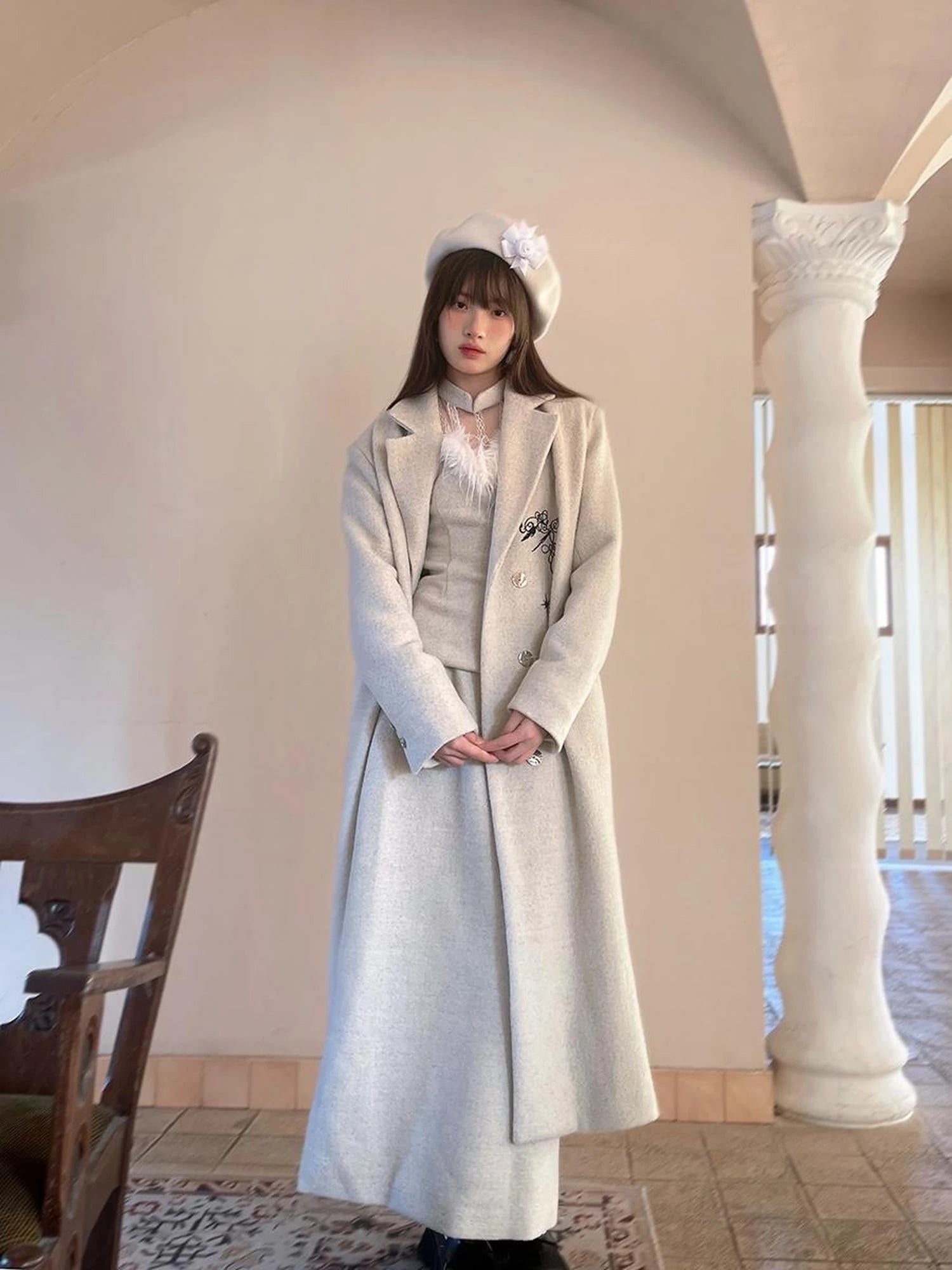 Day To Day Embroidered Star Mixed Wool Blend Long Coat