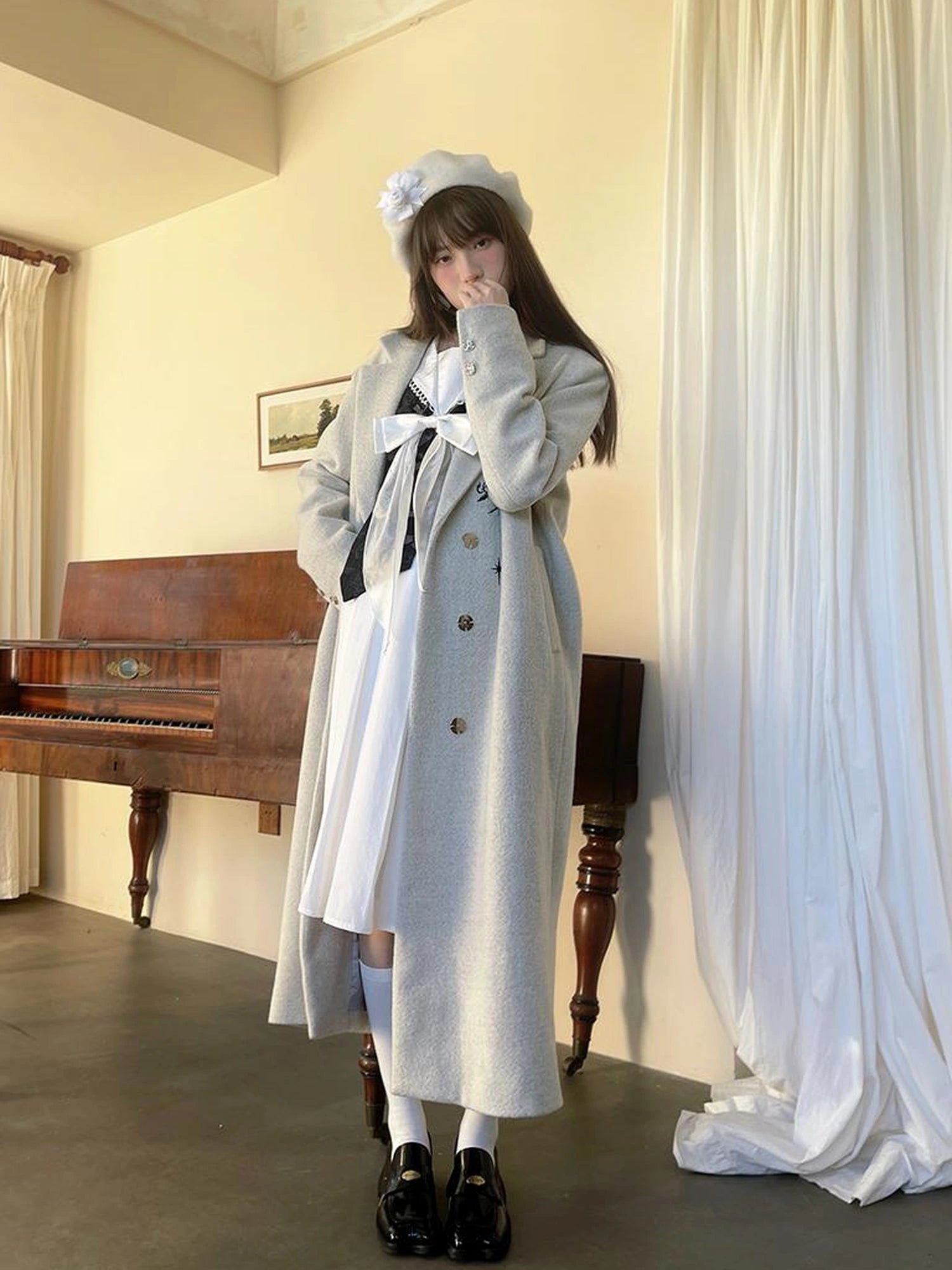 Day To Day Embroidered Star Mixed Wool Blend Long Coat