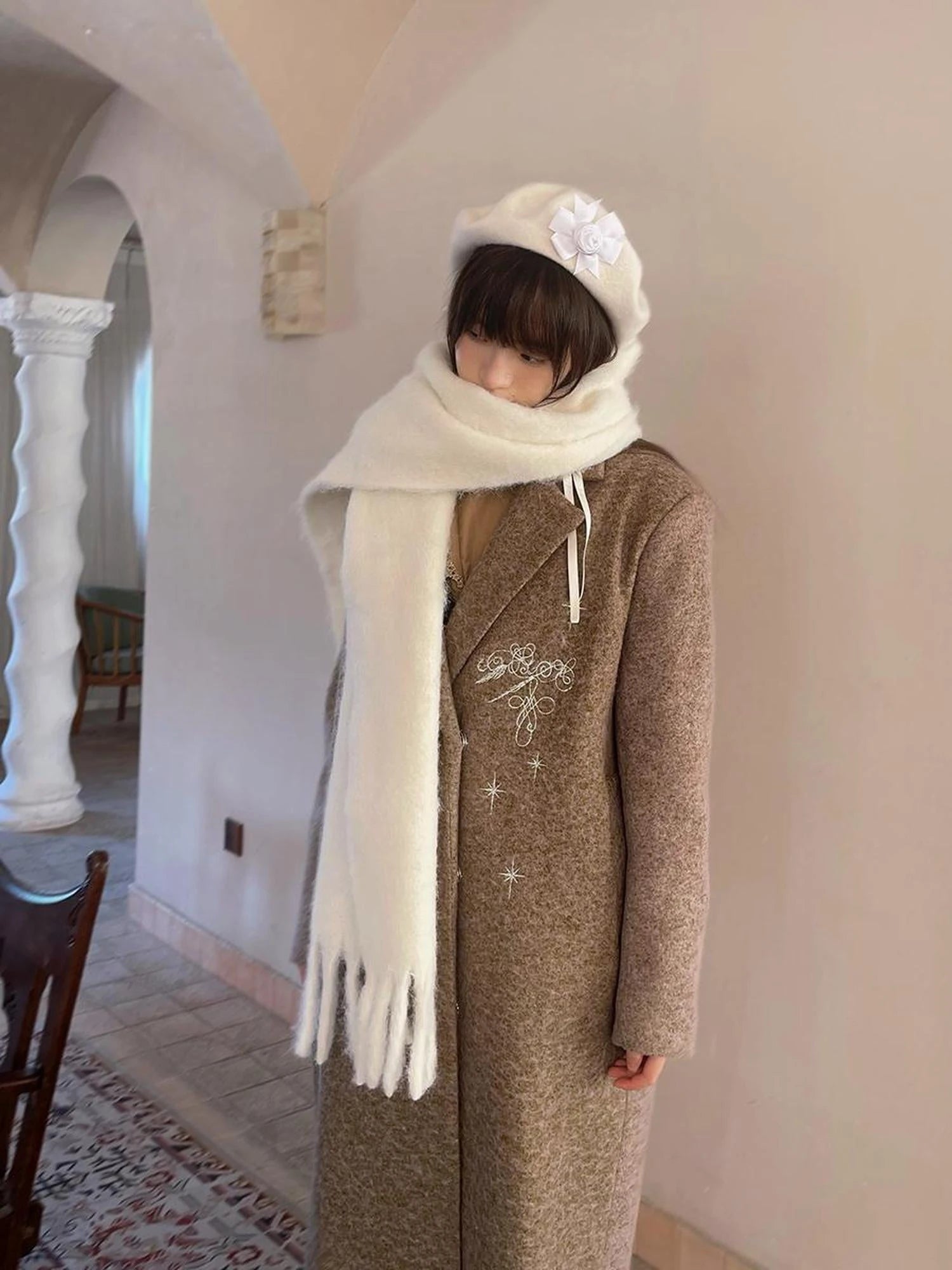 Day To Day Embroidered Star Mixed Wool Blend Long Coat