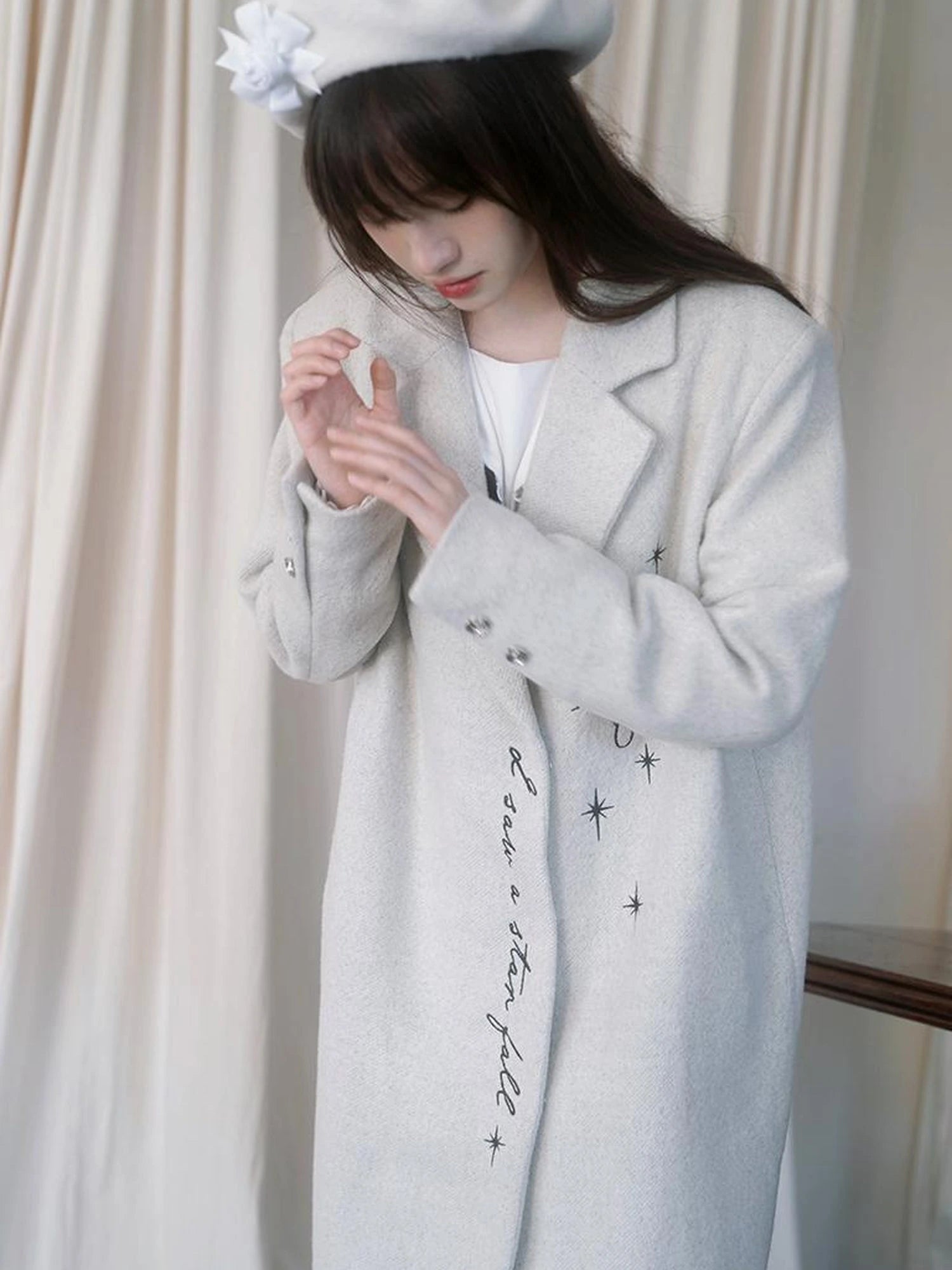 Day To Day Embroidered Star Mixed Wool Blend Long Coat