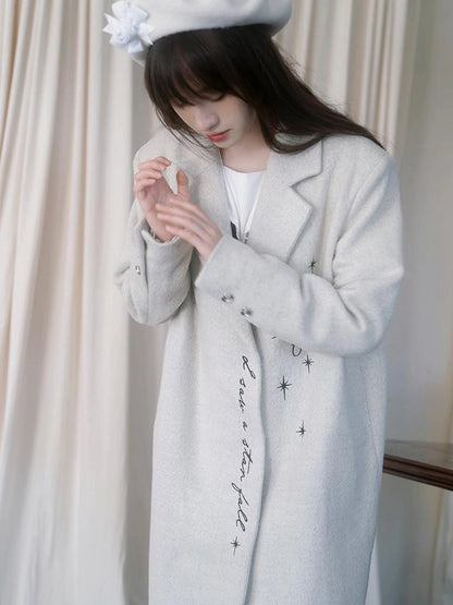 Day To Day Embroidered Star Mixed Wool Blend Long Coat