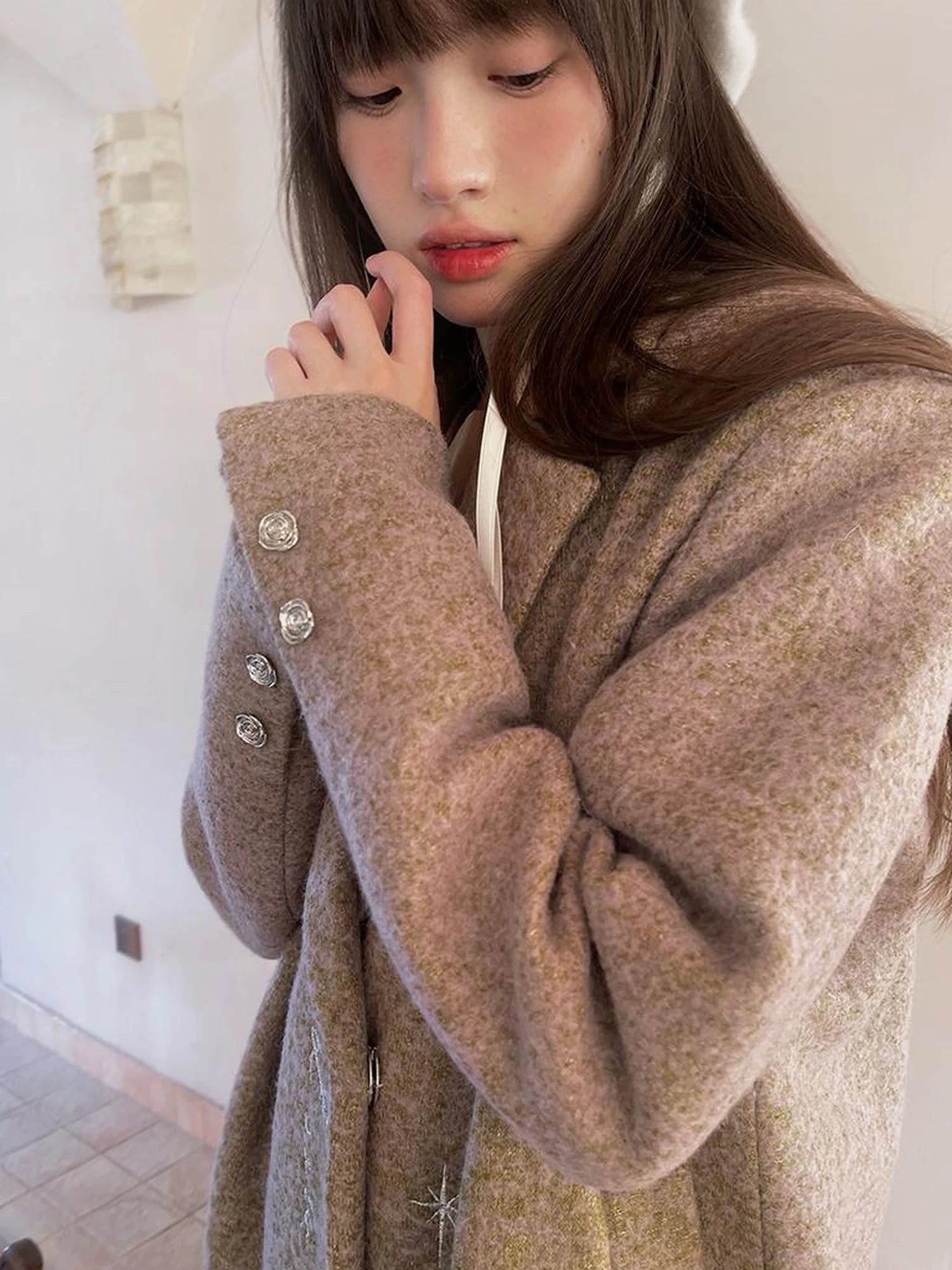 Day To Day Embroidered Star Mixed Wool Blend Long Coat