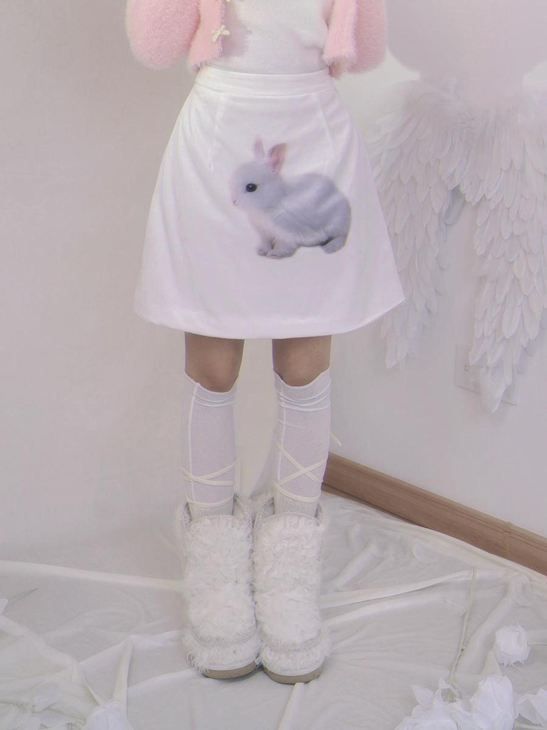 Daytoday Day To Day Rabbit Print Velvet Mini Skirt A-Line Cotton Padded