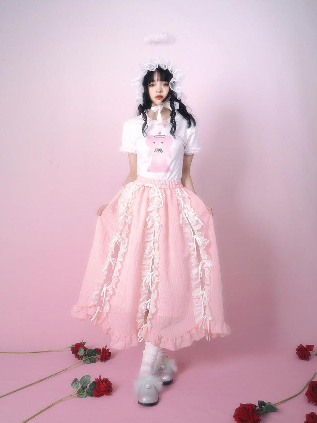 Daytoday Day to Day Floral Bow Tie Princess Midi Skirt with Side Ruffle
