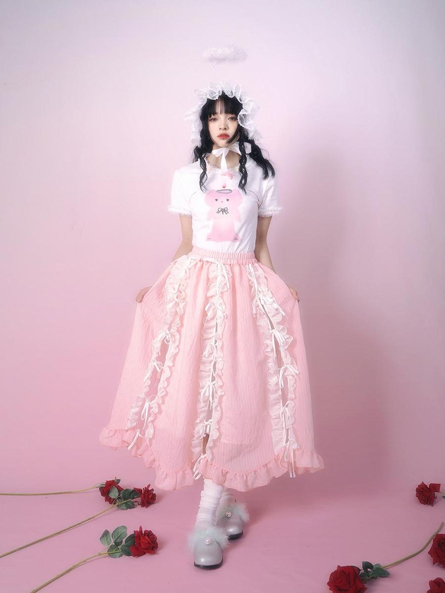 Daytoday Day to Day Floral Bow Tie Princess Midi Skirt with Side Ruffle