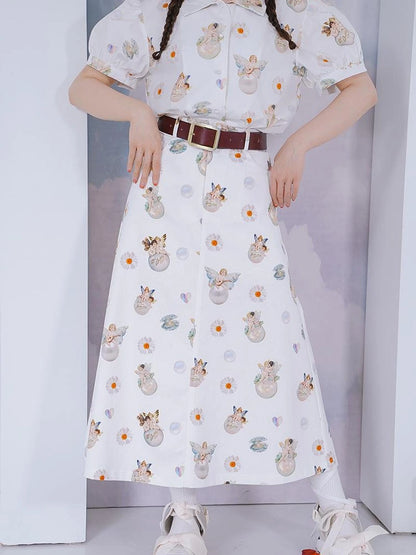 Daytoday Angel Print Denim A-Line Maxi Skirt