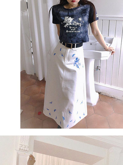 Daytoday Daytoday Angel Print Denim A-Line Maxi Skirt