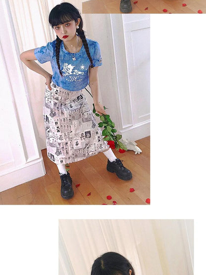 Daytoday Angel Print Denim A-Line Maxi Skirt
