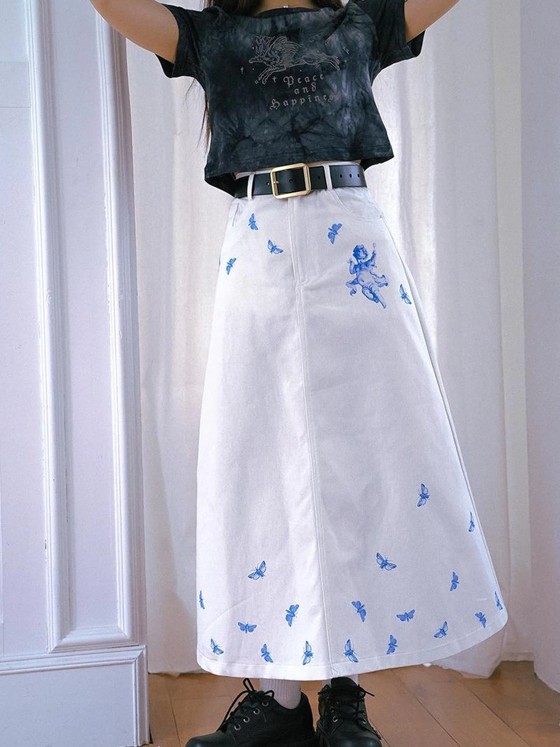 Daytoday Angel Print Denim A-Line Maxi Skirt