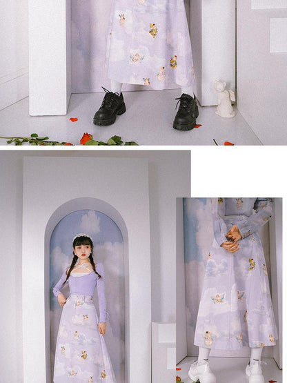 Daytoday Daytoday Angel Print Denim A-Line Maxi Skirt