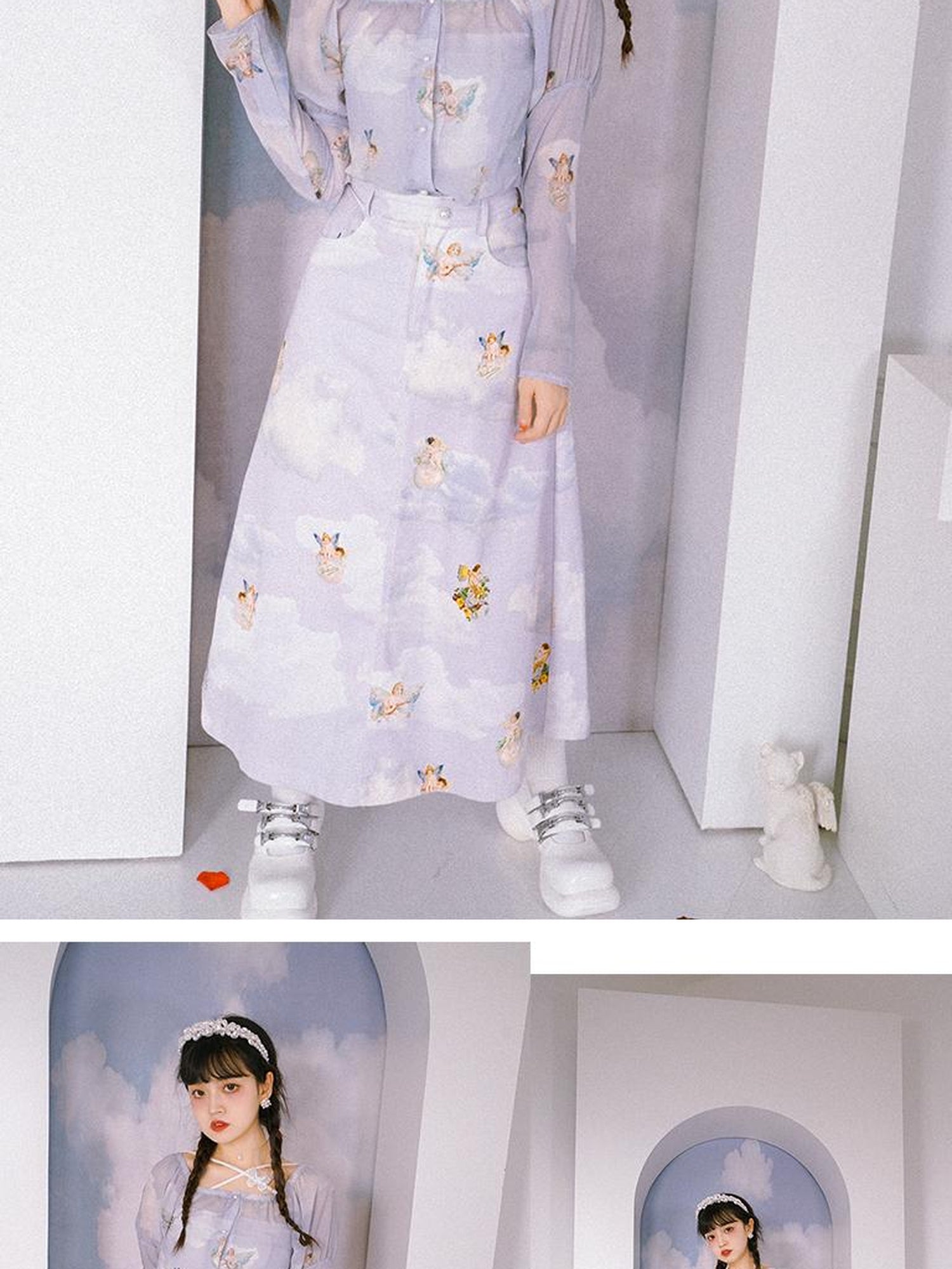 Daytoday Daytoday Angel Print Denim A-Line Maxi Skirt