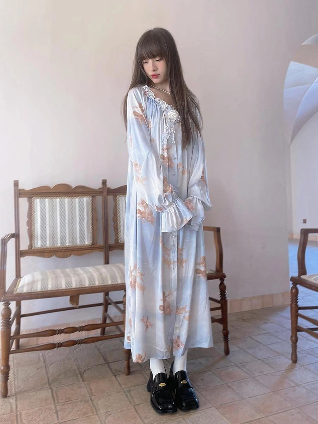 Daytoday Print Angel Garden Long Sleeve Dress