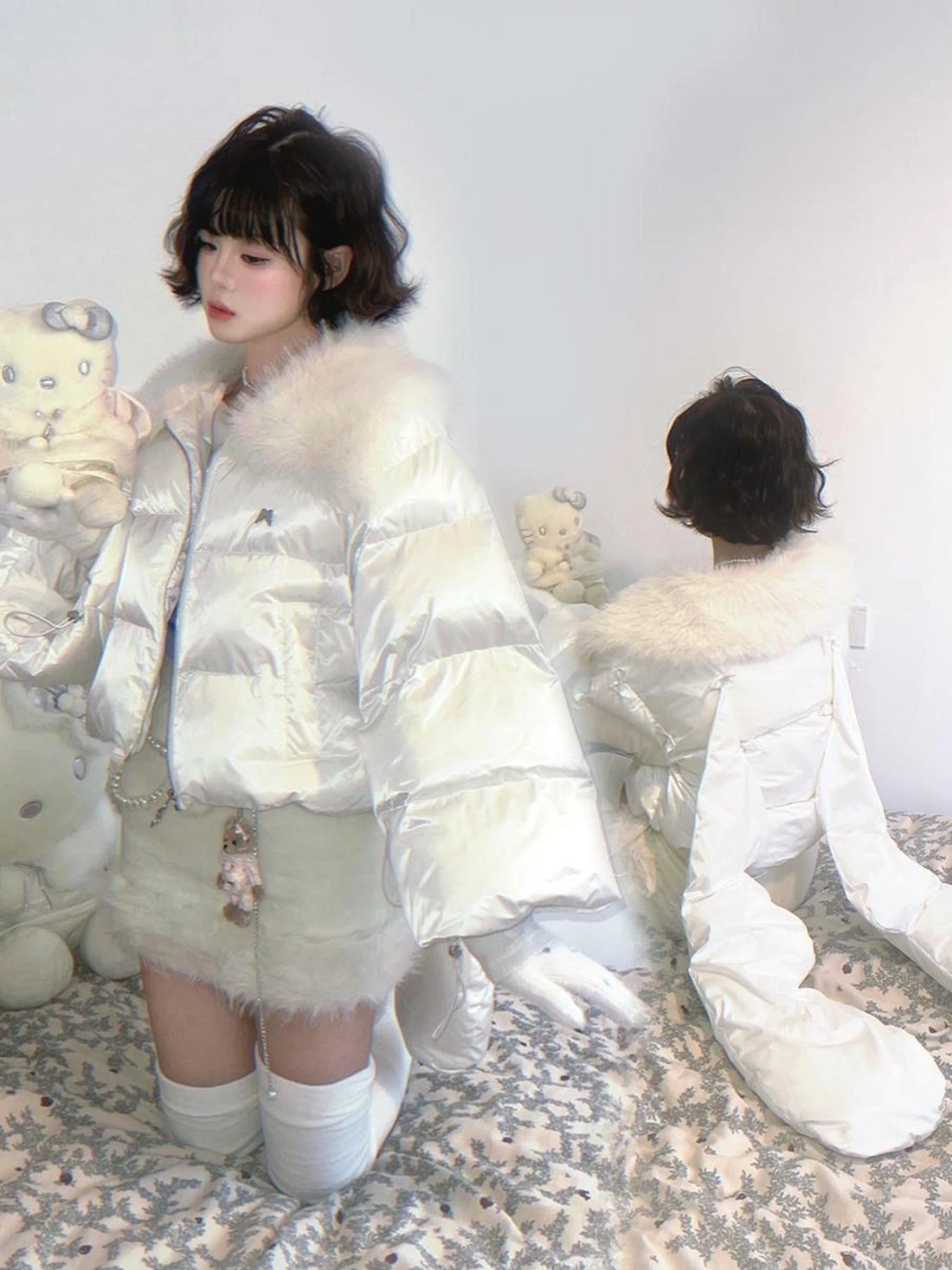 Detachable Wing Quilted Jacket With Faux Fur Collar