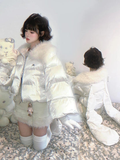 Detachable Wing Quilted Jacket With Faux Fur Collar