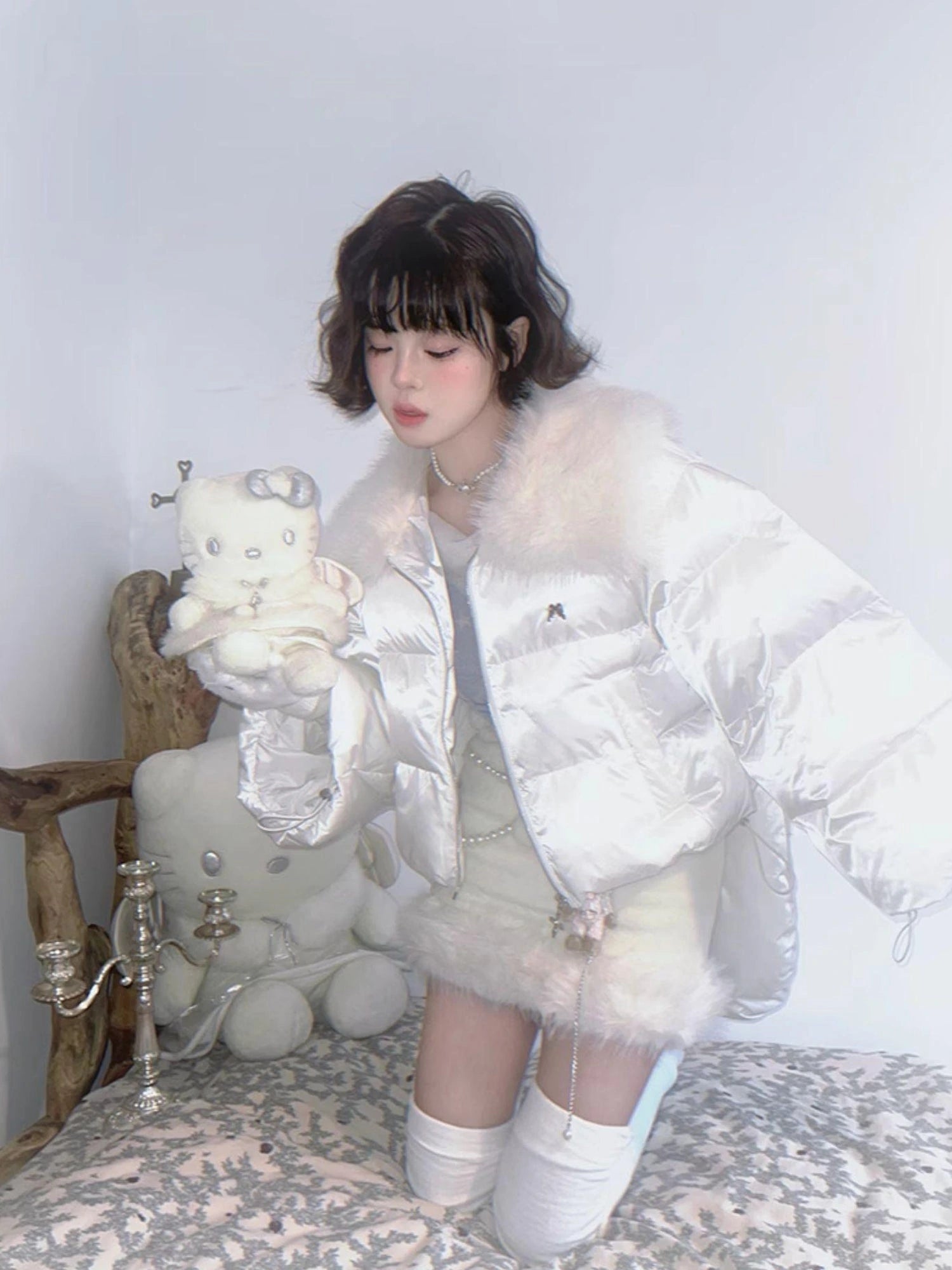 Detachable Wing Quilted Jacket With Faux Fur Collar