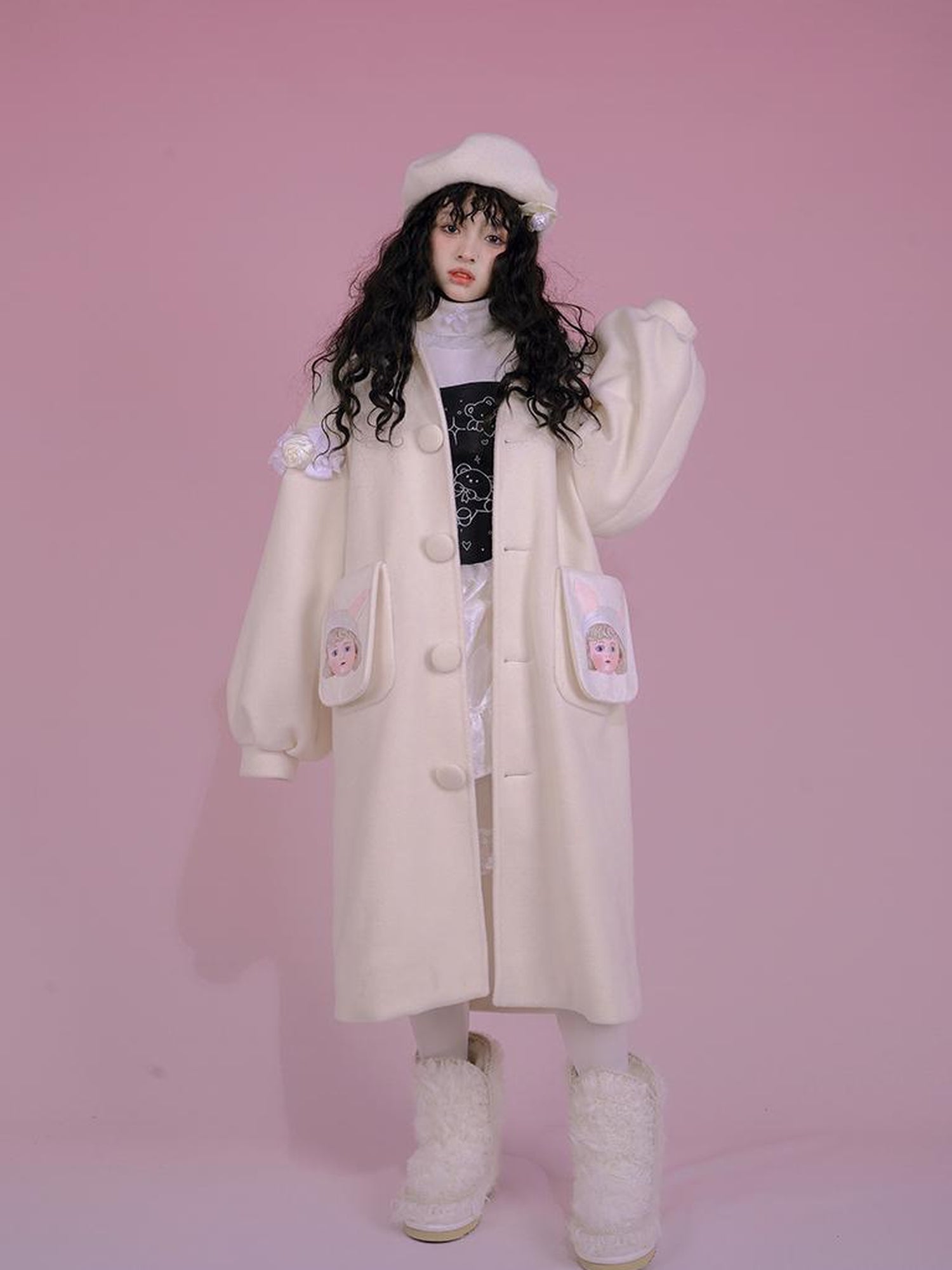 Daytoday Dolly Print Bubble Sleeve Cotton Padded Long Wool Coat