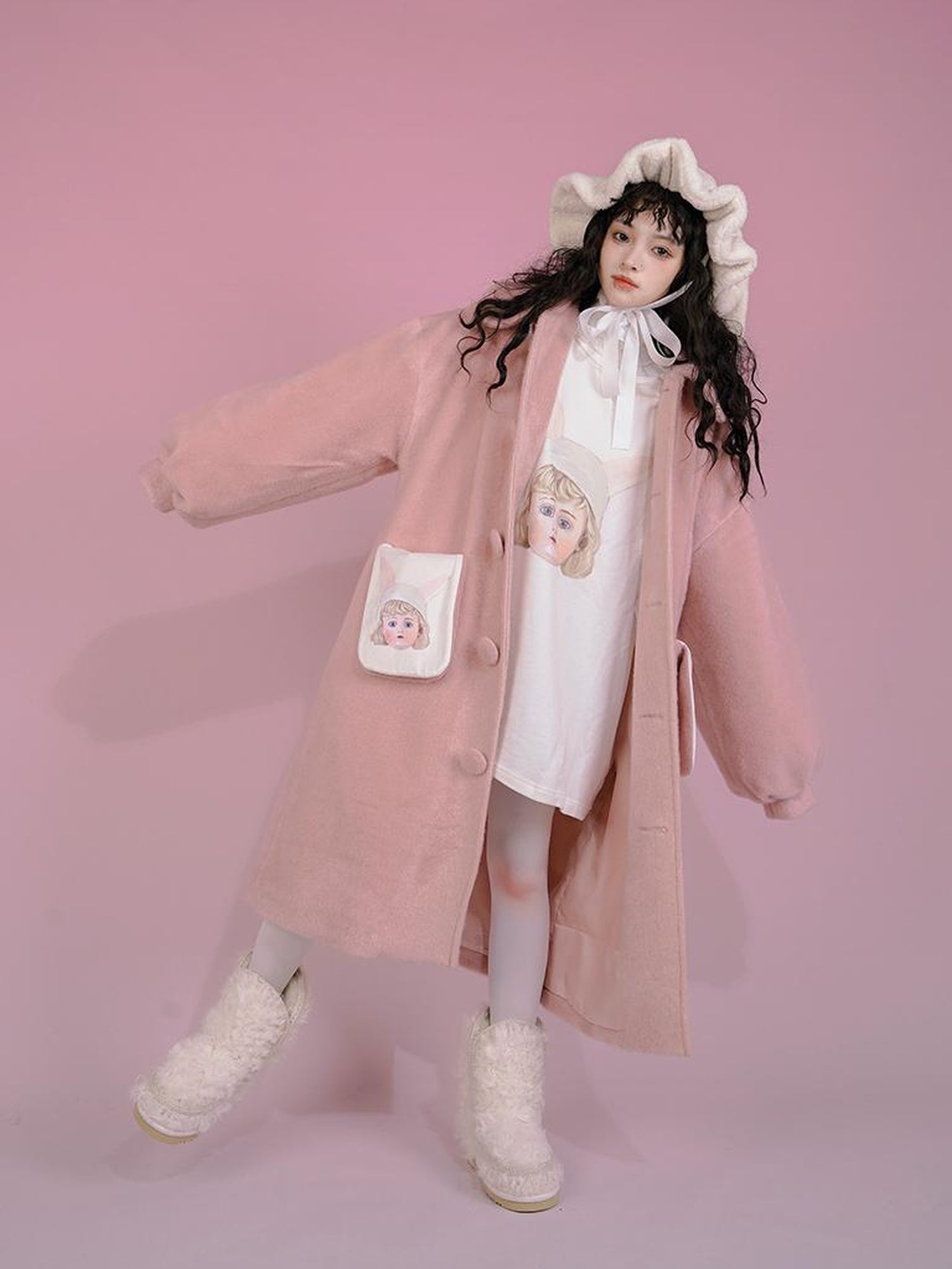 Daytoday Dolly Print Bubble Sleeve Cotton Padded Long Wool Coat