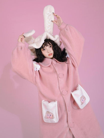 Daytoday Dolly Print Bubble Sleeve Cotton Padded Long Wool Coat
