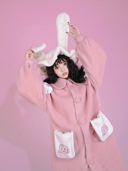 Daytoday Dolly Print Bubble Sleeve Cotton Padded Long Wool Coat