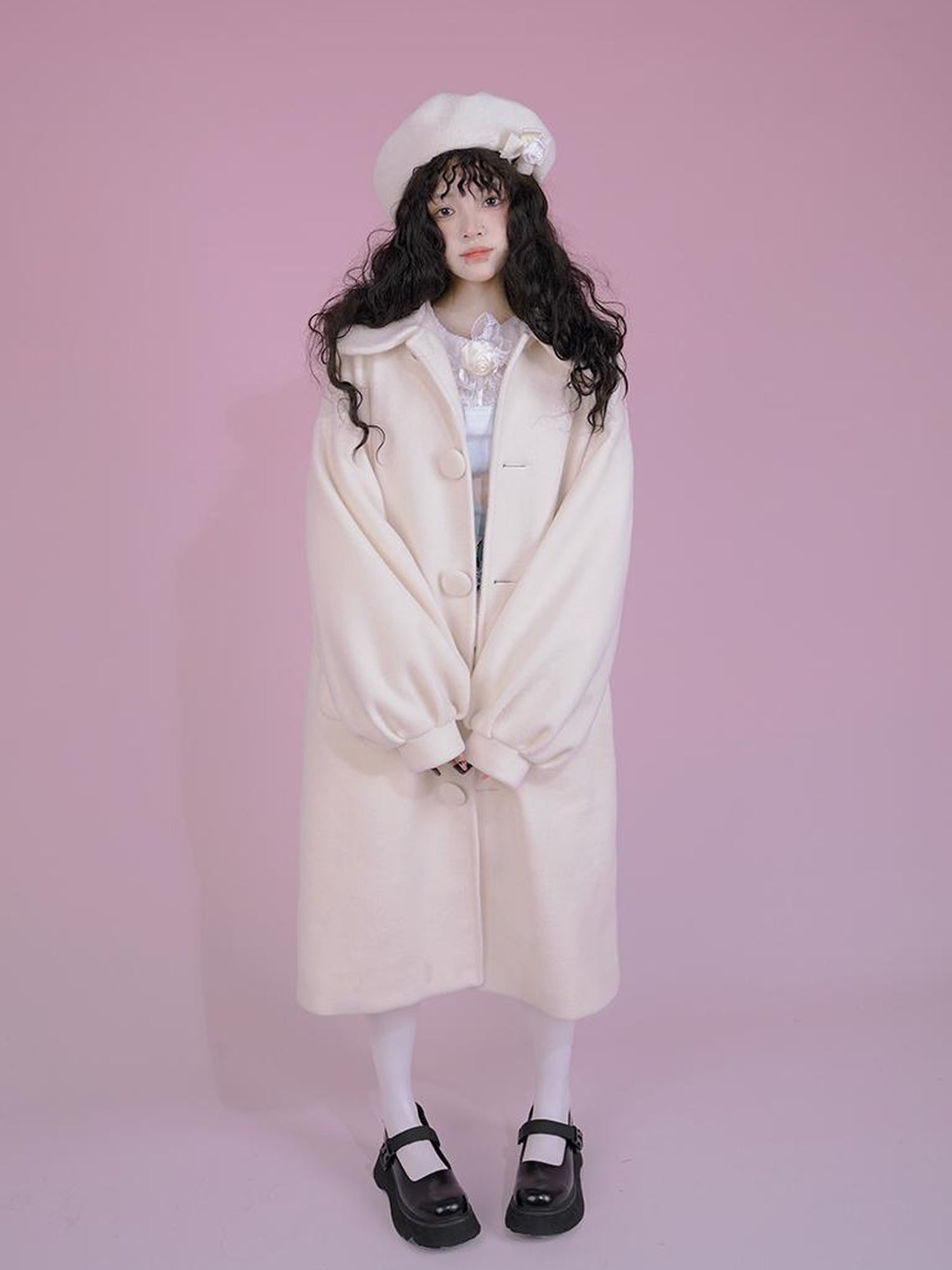 Daytoday Dolly Print Bubble Sleeve Cotton Padded Long Wool Coat
