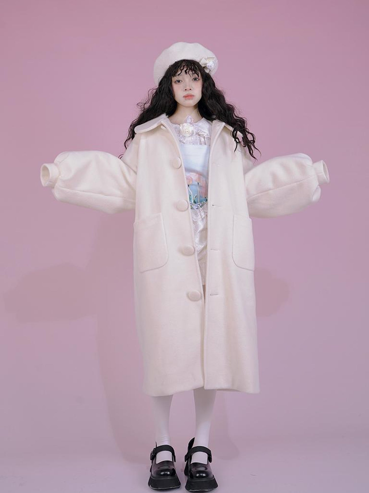Daytoday Dolly Print Bubble Sleeve Cotton Padded Long Wool Coat