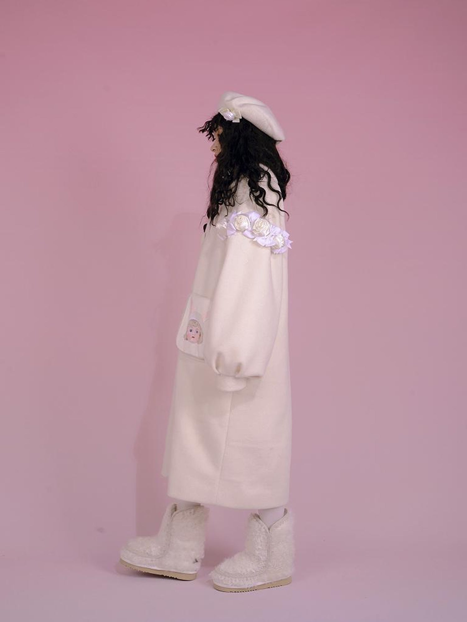Daytoday Dolly Print Bubble Sleeve Cotton Padded Long Wool Coat