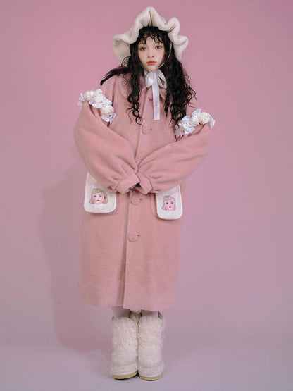 Daytoday Dolly Print Bubble Sleeve Cotton Padded Long Wool Coat