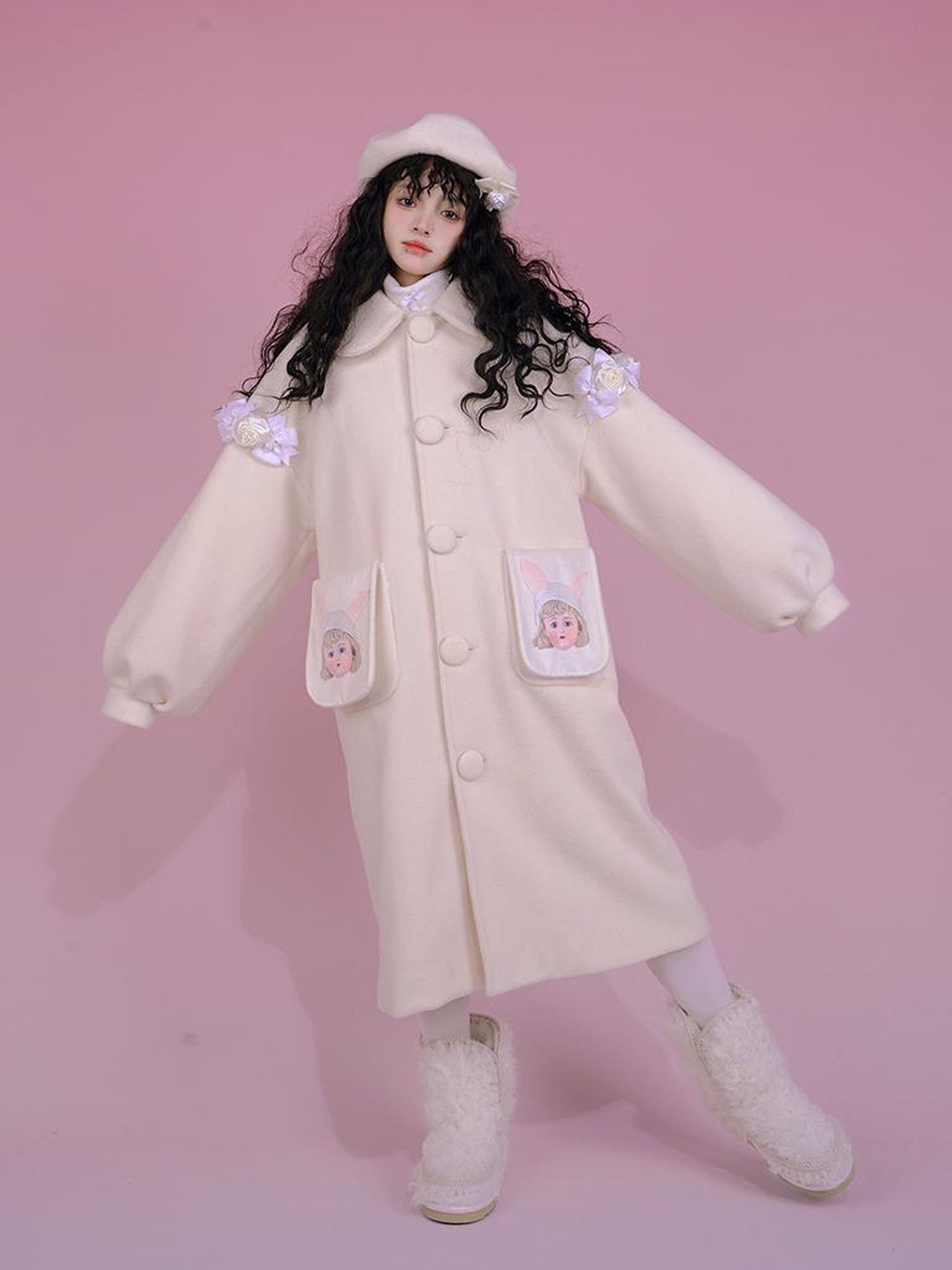 Daytoday Dolly Print Bubble Sleeve Cotton Padded Long Wool Coat