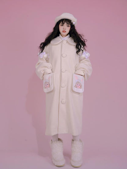 Daytoday Dolly Print Bubble Sleeve Cotton Padded Long Wool Coat