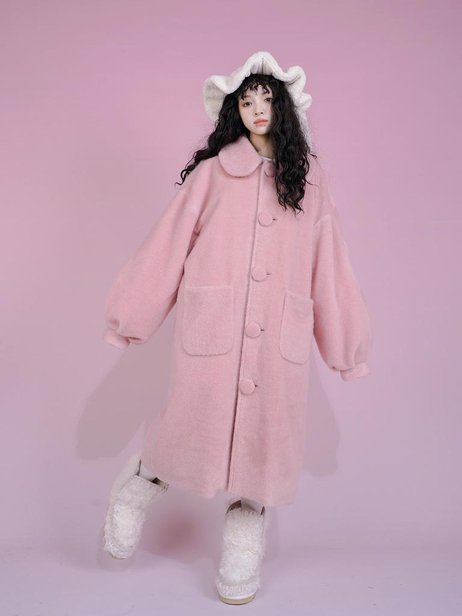 Daytoday Dolly Print Bubble Sleeve Cotton Padded Long Wool Coat