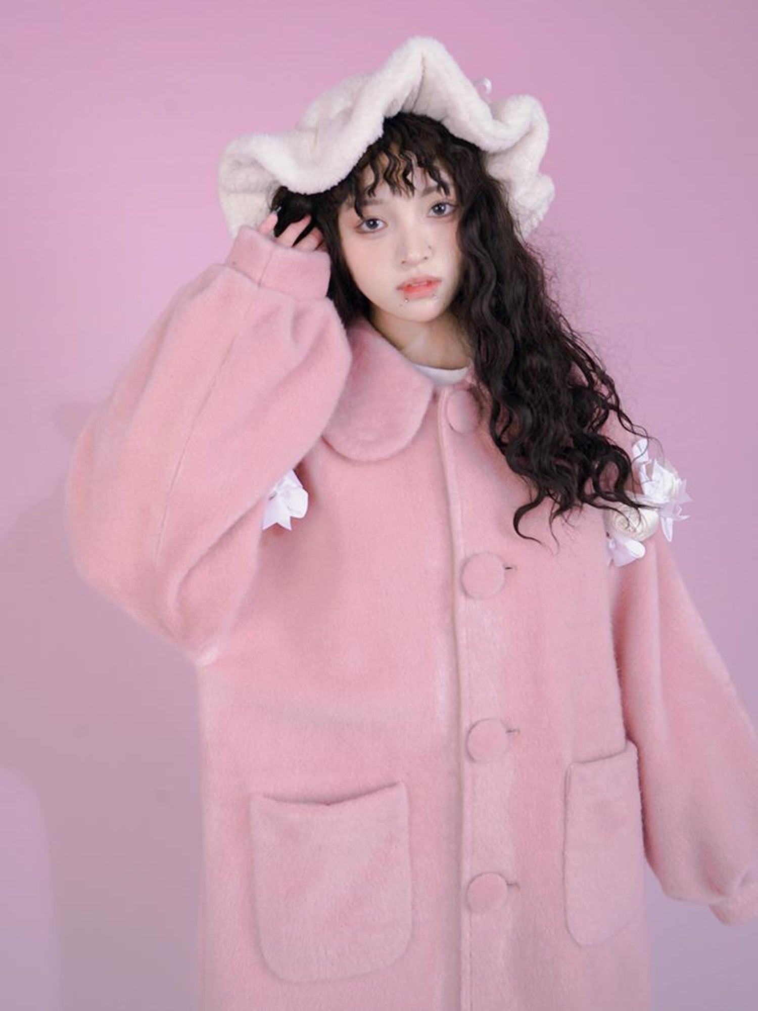 Daytoday Dolly Print Bubble Sleeve Cotton Padded Long Wool Coat
