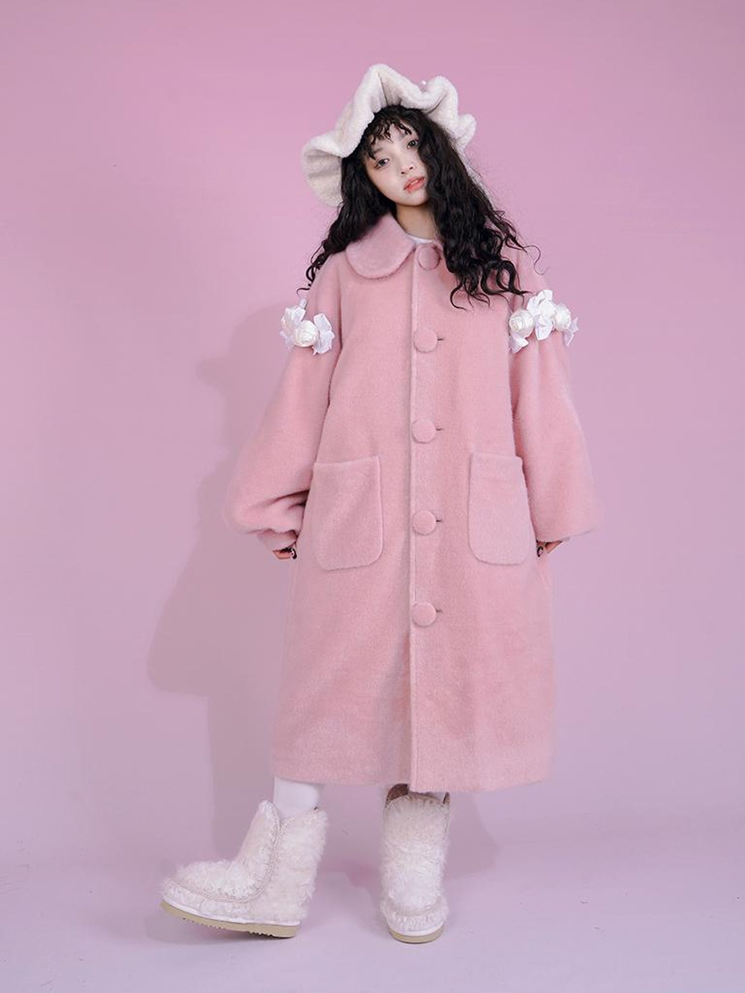 Daytoday Dolly Print Bubble Sleeve Cotton Padded Long Wool Coat