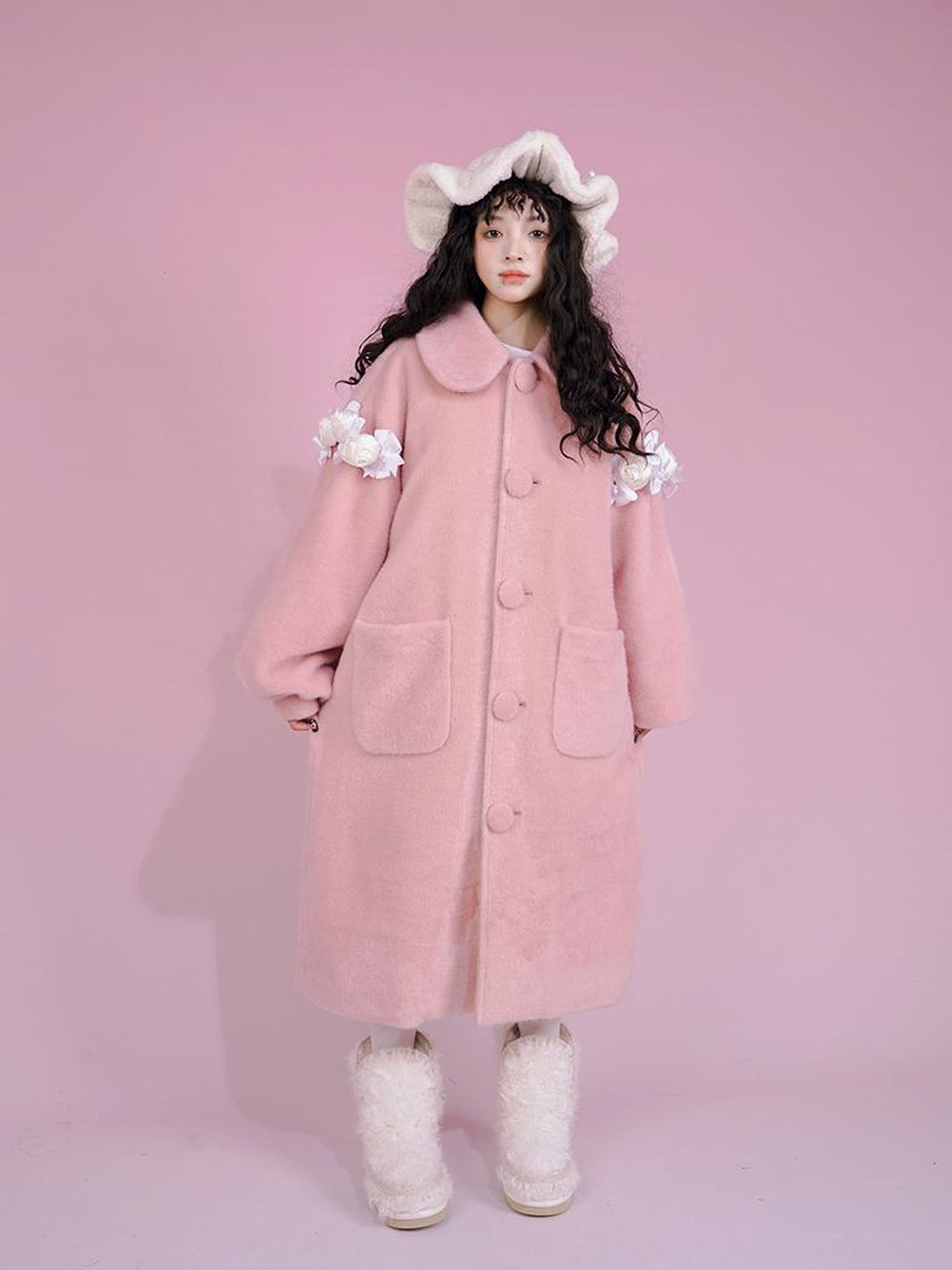 Daytoday Dolly Print Bubble Sleeve Cotton Padded Long Wool Coat