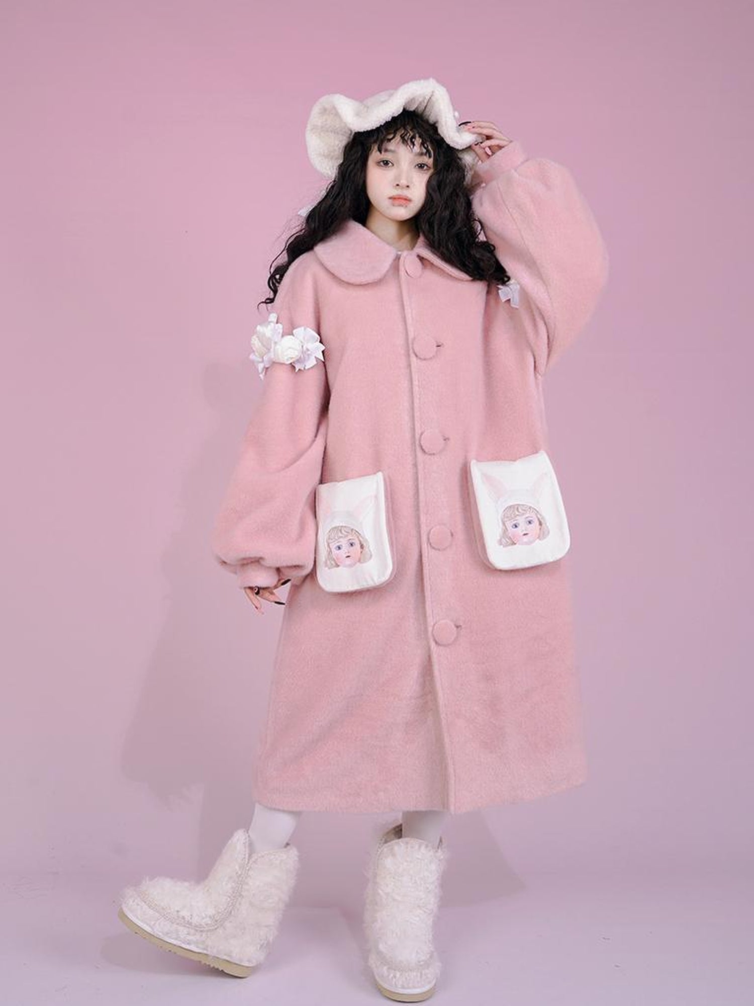 Daytoday Dolly Print Bubble Sleeve Cotton Padded Long Wool Coat