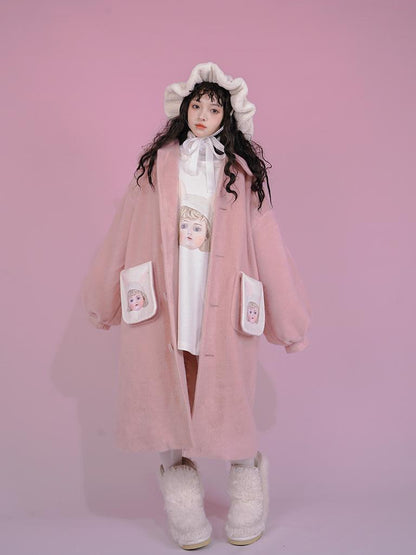 Daytoday Dolly Print Bubble Sleeve Cotton Padded Long Wool Coat