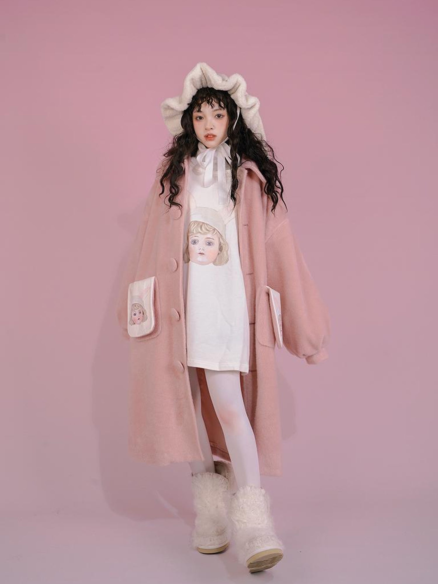Daytoday Dolly Print Bubble Sleeve Cotton Padded Long Wool Coat