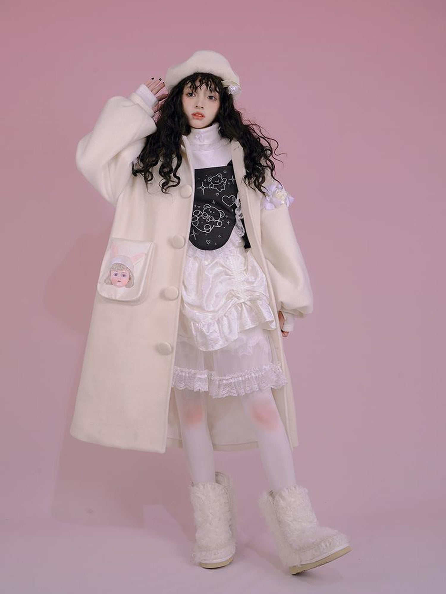 Daytoday Dolly Print Bubble Sleeve Cotton Padded Long Wool Coat